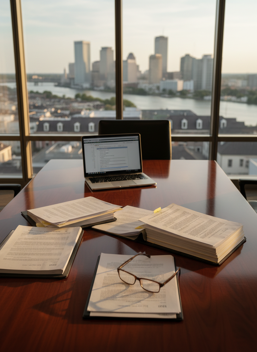 A polished mahogany conference table neatly arranged with open legal case files, a brushed metal laptop, and a pair of reading glasses resting on a printed brief. The table sits in a modern law office with floor-to-ceiling windows overlooking a recognizable New Orleans skyline with distant historic buildings and the curve of the Mississippi River. Soft late-afternoon natural light filters through the glass, creating gentle reflections on the table’s surface and a calm, professional atmosphere. Photographic realism, shot at eye level with a moderate depth of field so the documents are crisp while the cityscape is softly blurred, conveying focus, trust, and attentive legal support for the community.